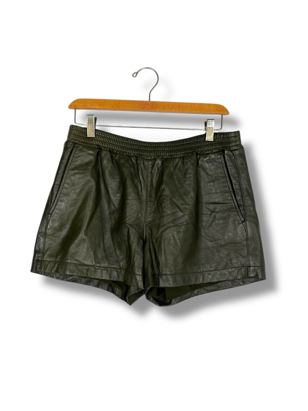 Banana Republic Lamb Leather Shorts Small Elastic Waist Pockets Lined Dark Green